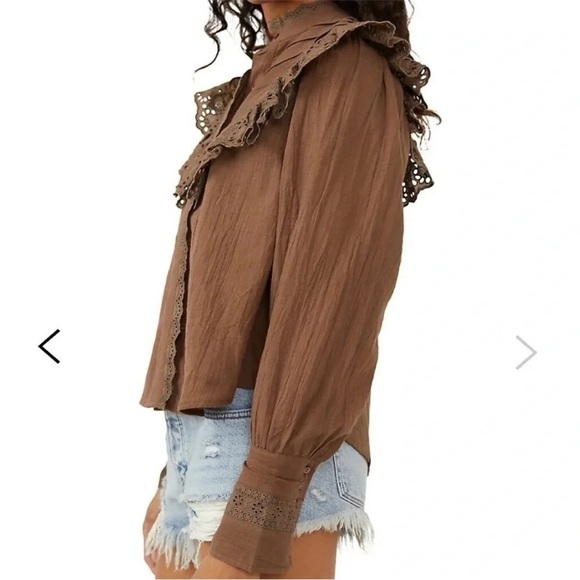New Free People Hit The Road Brown Button Down Cotton Top Country Ruffles Small - Picture 2 of 13